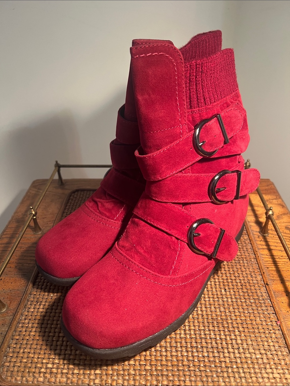 Refresh Red Suede Ankle Boots with Buckle Straps